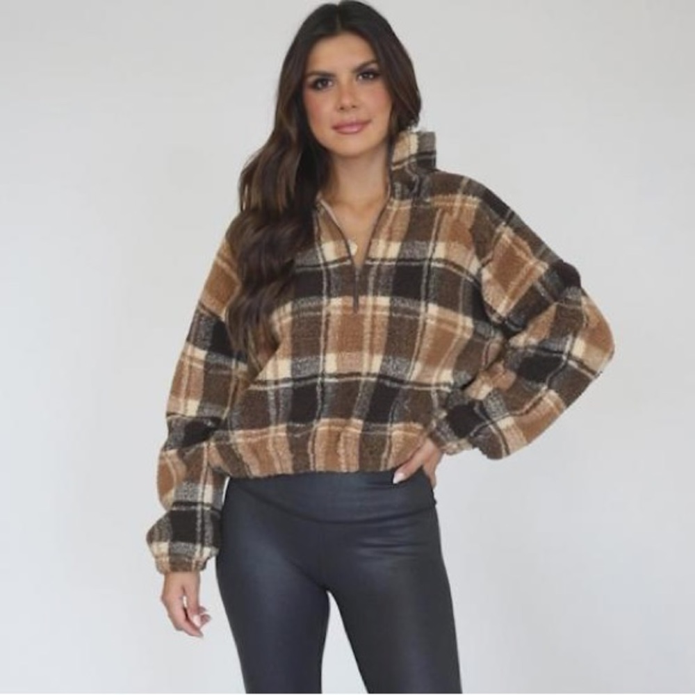 ROMWE 🤎 1/2 Zip Crop Plaid Teddy Jacket - Picture 5 of 14
